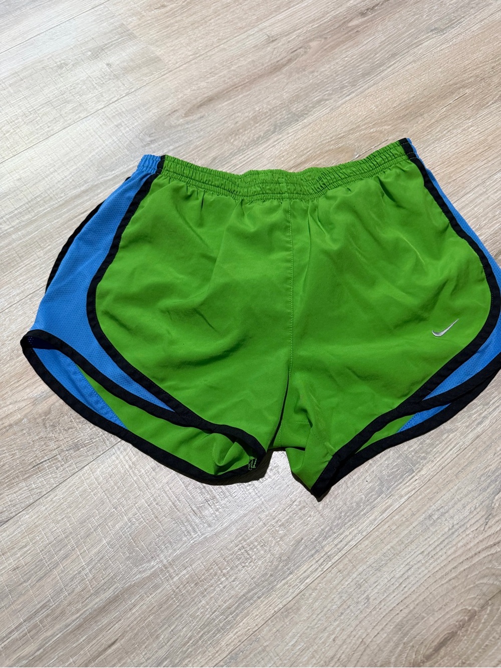Nike Women's Lime Green and Blue Running Shorts with Black Trim